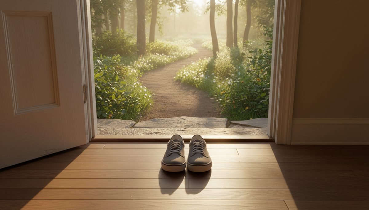 Overhead view of walking shoes placed beside an open doorway with morning light outside.