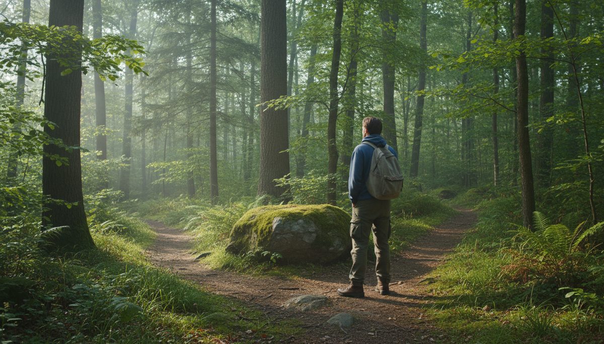 Wide-angle view of a hiker standing at a fork in a quiet forest trail