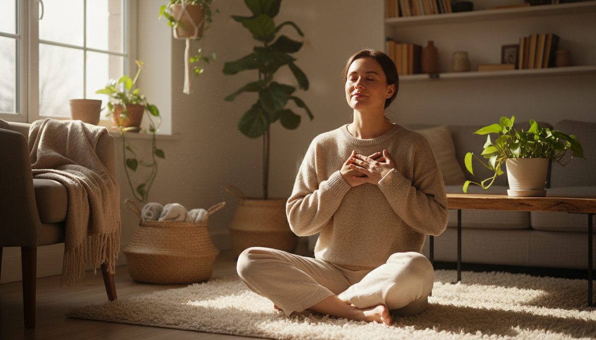 Eye-level view of a person sitting calmly beside a sunny window.