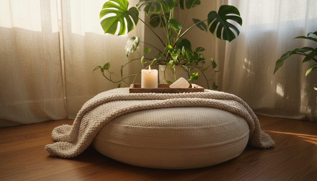 Wide-angle view of a cozy meditation corner with plants and soft light.