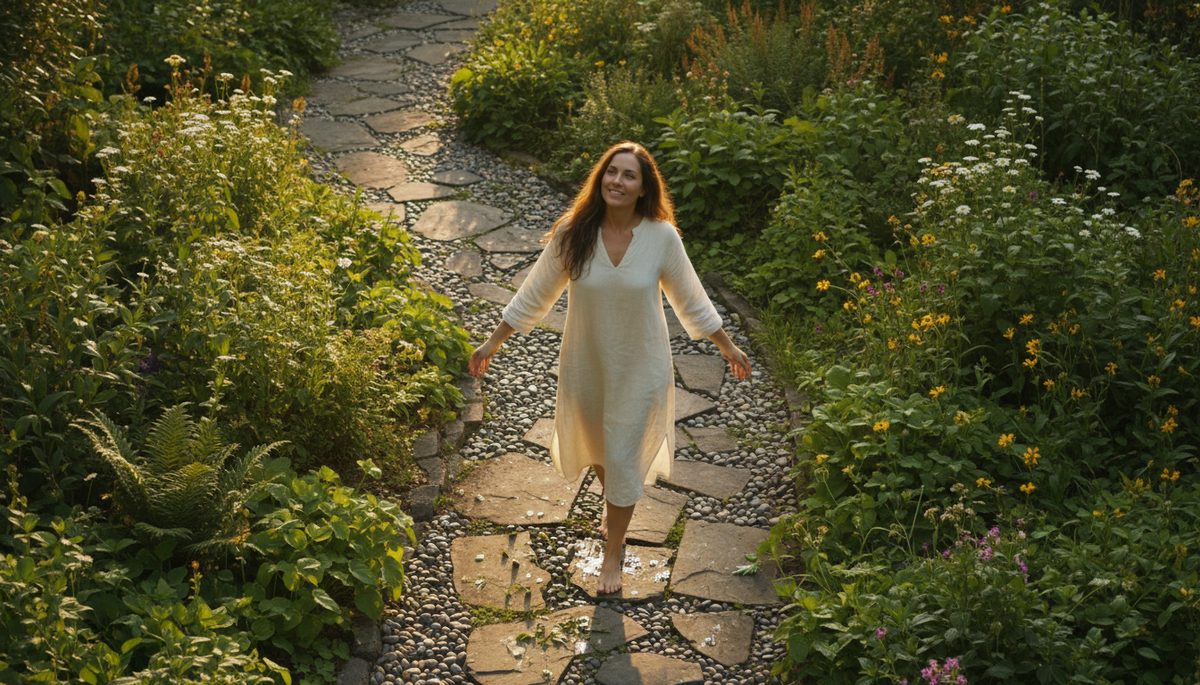 Overhead view of a person walking barefoot on a quiet garden path.