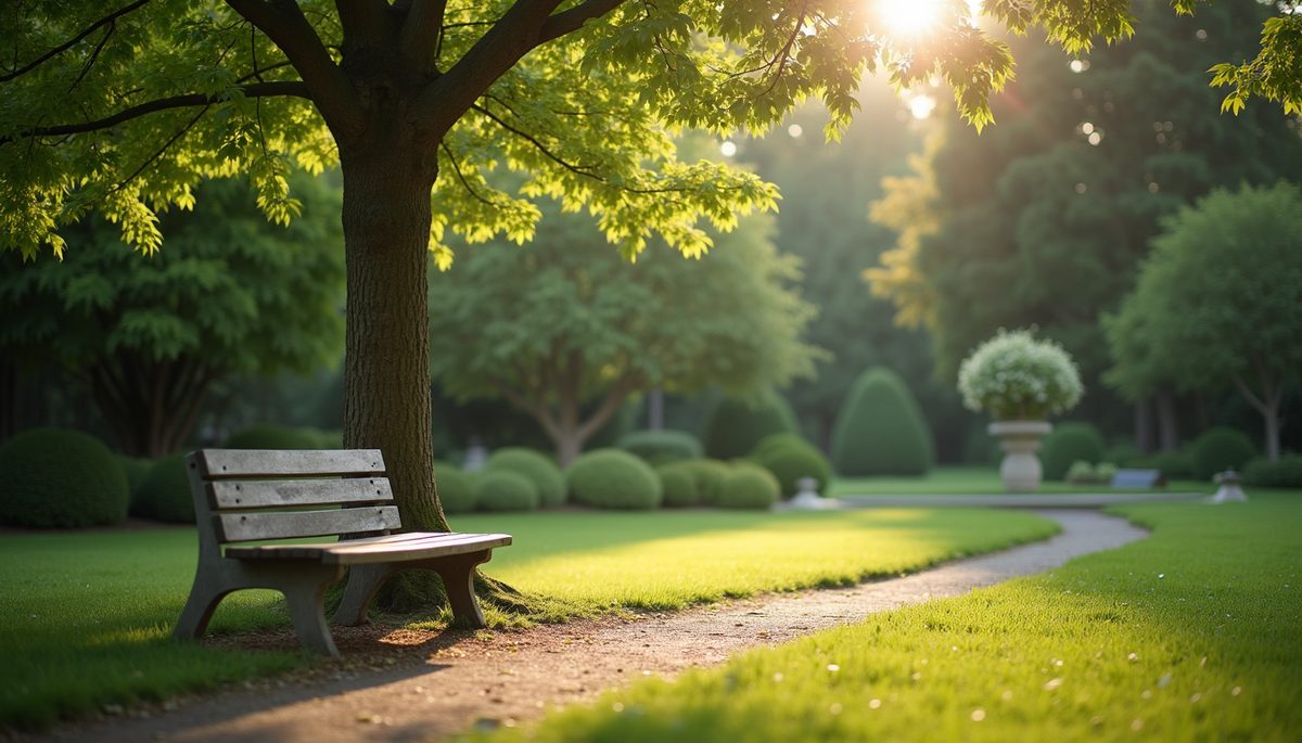 Eye-level view of a tranquil garden with a single bench