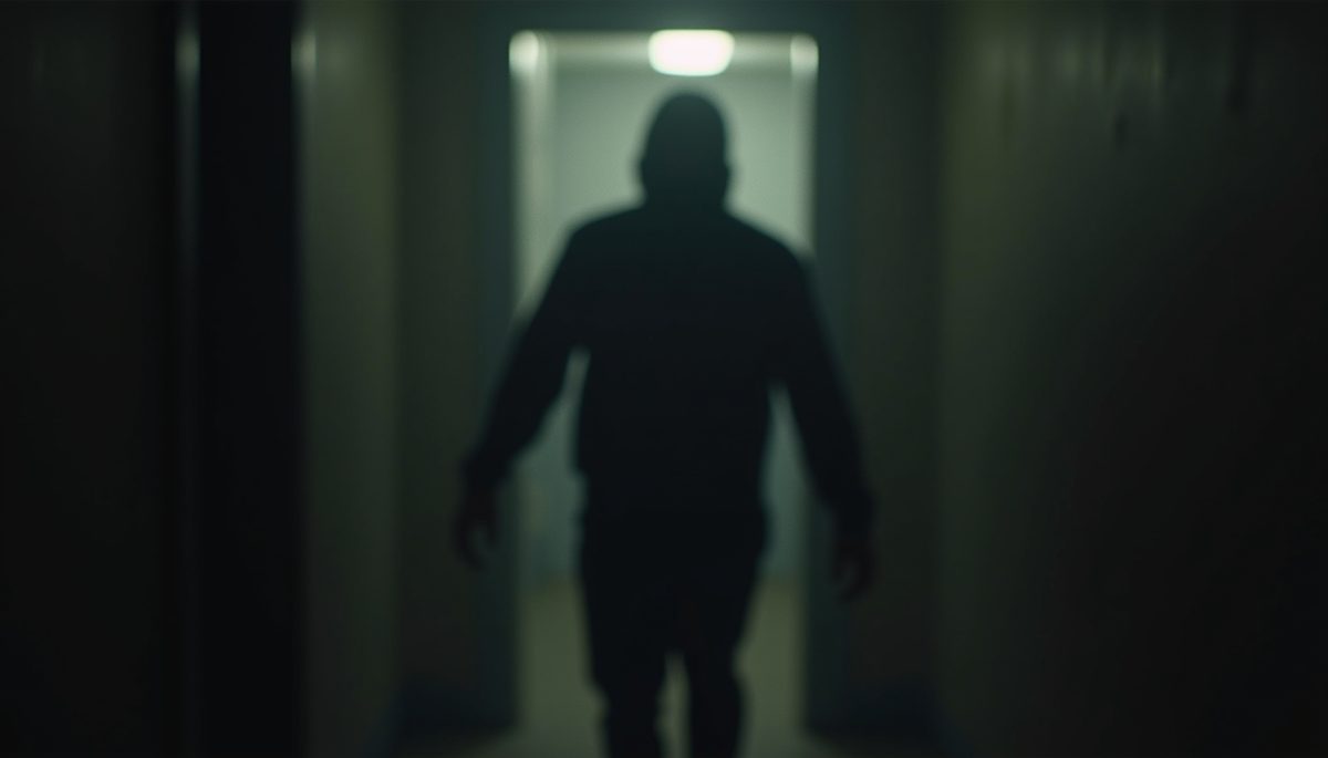 Close-up view of a shadowy figure in a dimly lit room