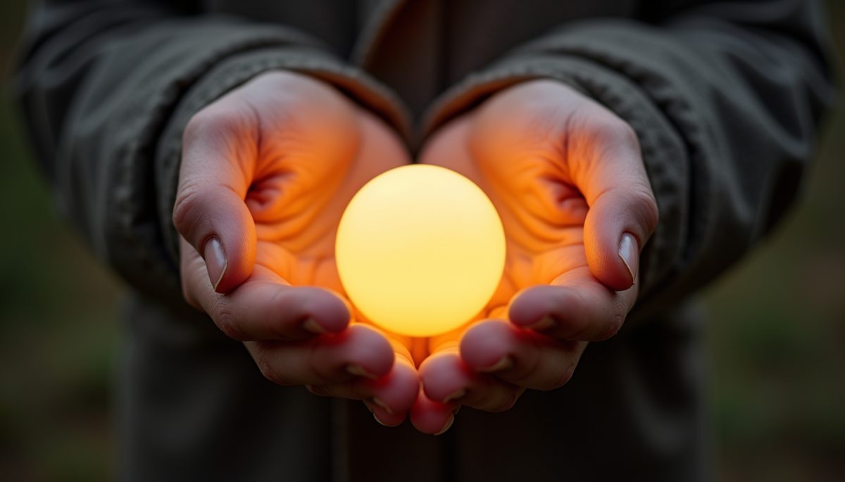 Close-up view of open hands holding a glowing orb