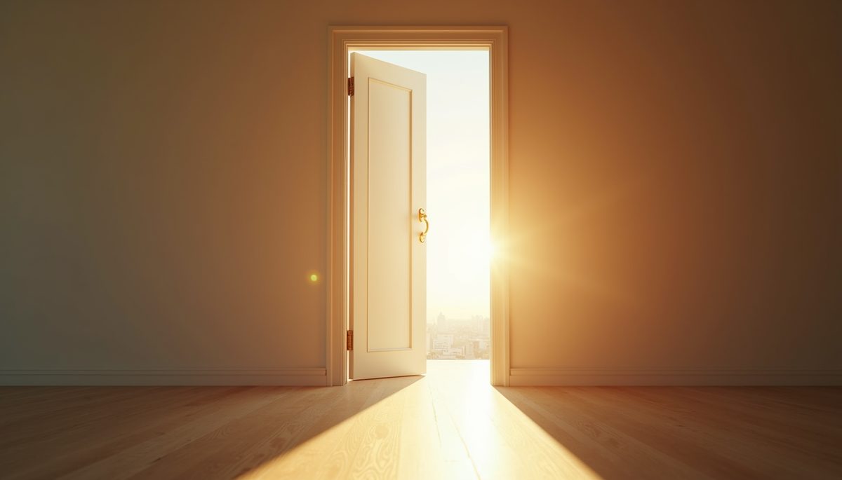 High angle view of an open door leading to bright sunlight