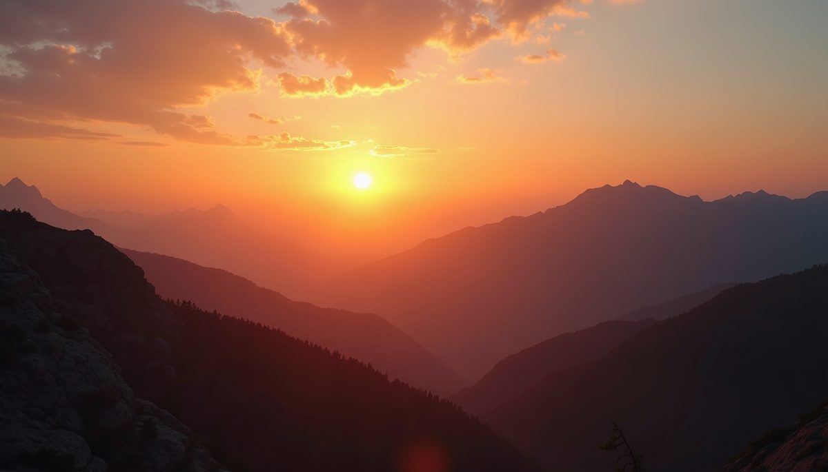 Eye-level view of a sunset behind a mountain range