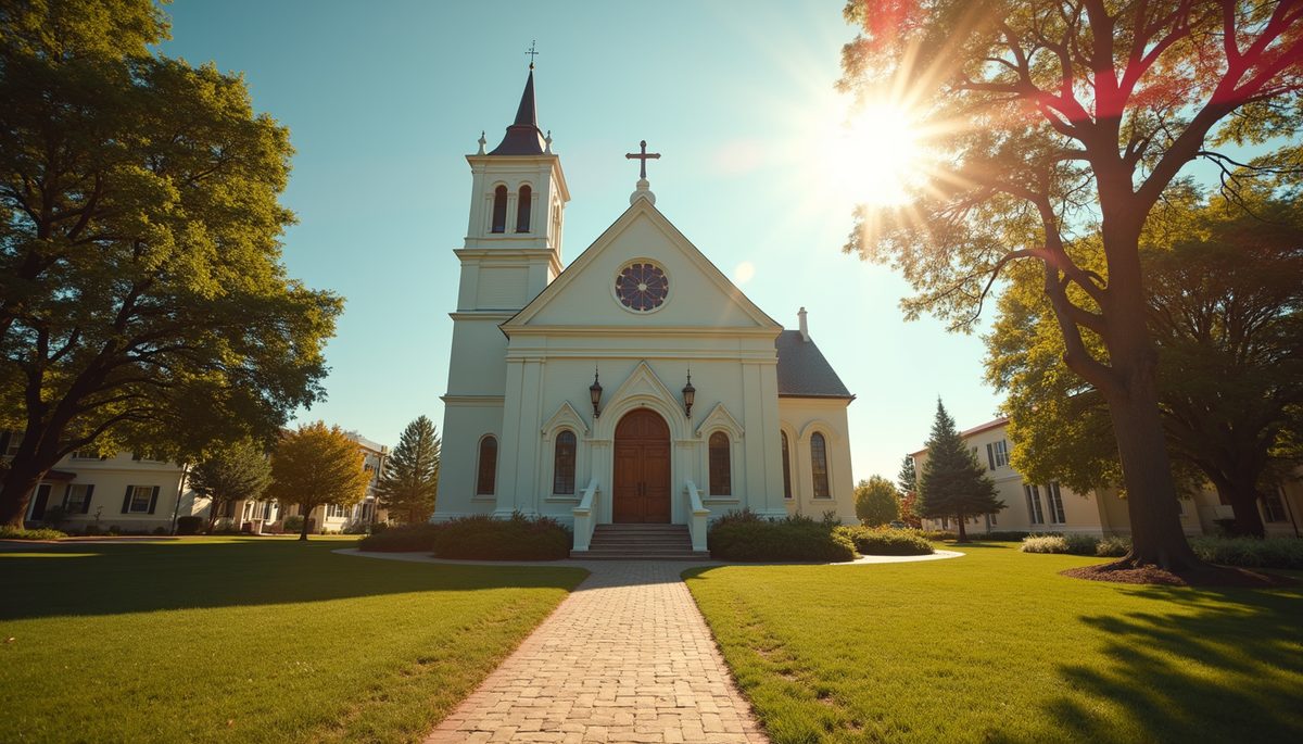 Wide angle view of a serene church exterior with vibrant sunlight