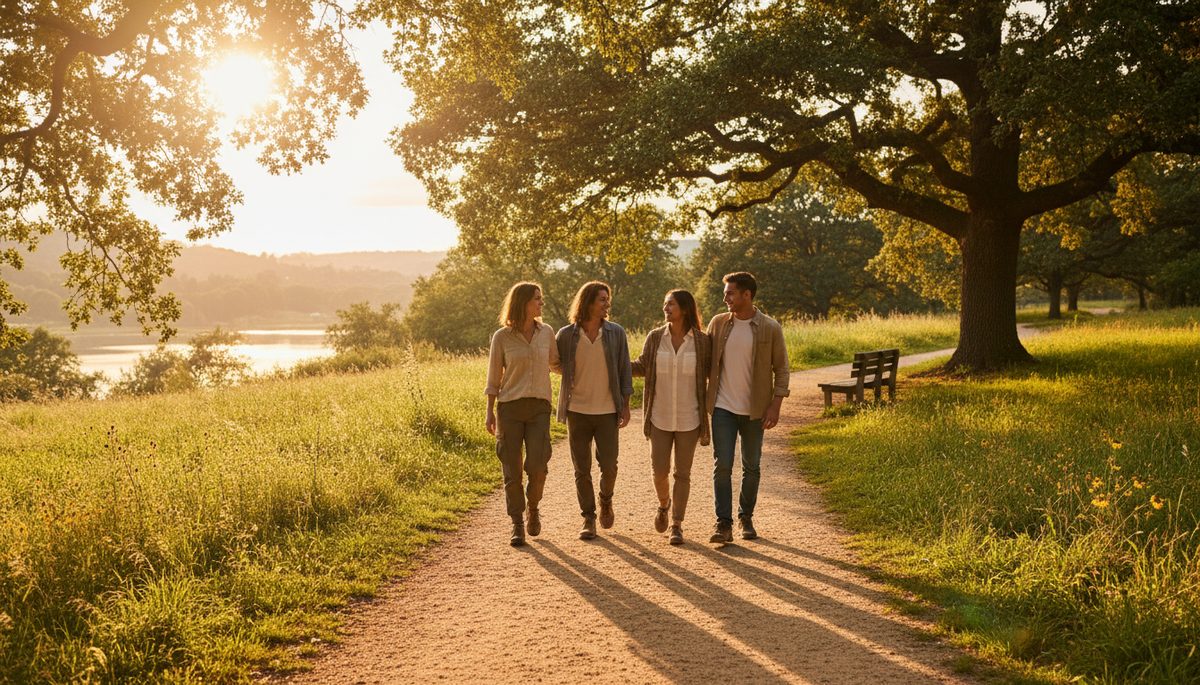 Wide-angle view of friends walking through a quiet park at golden hour.