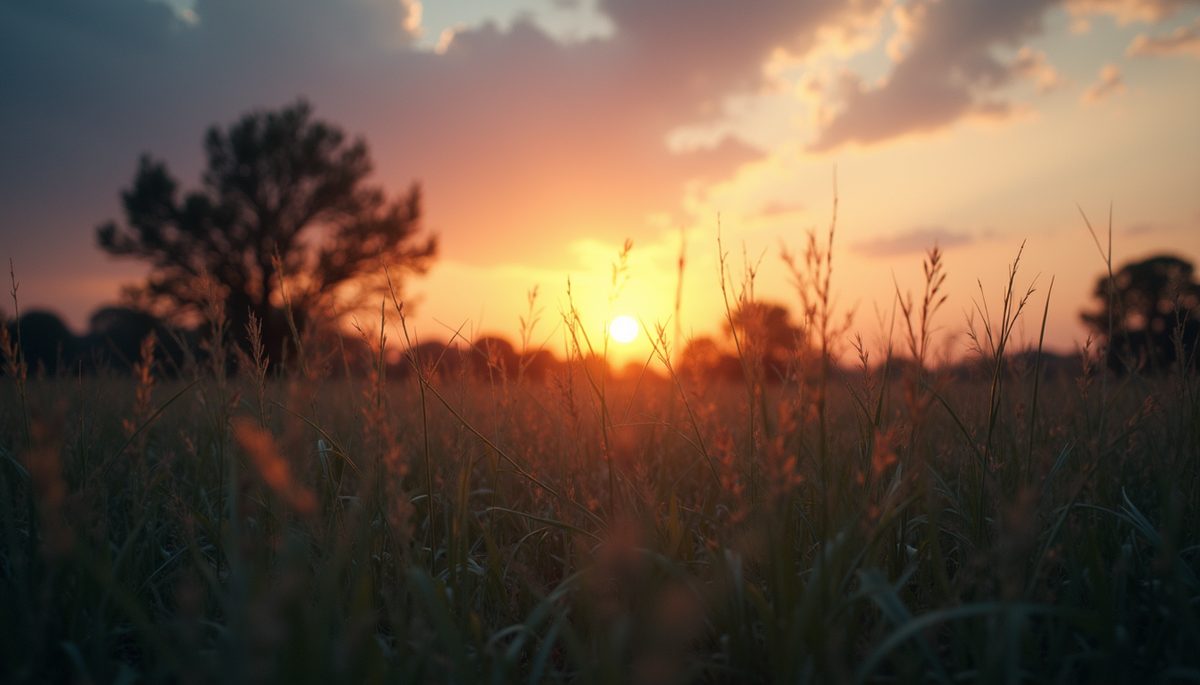 Eye-level view of a serene landscape at dusk