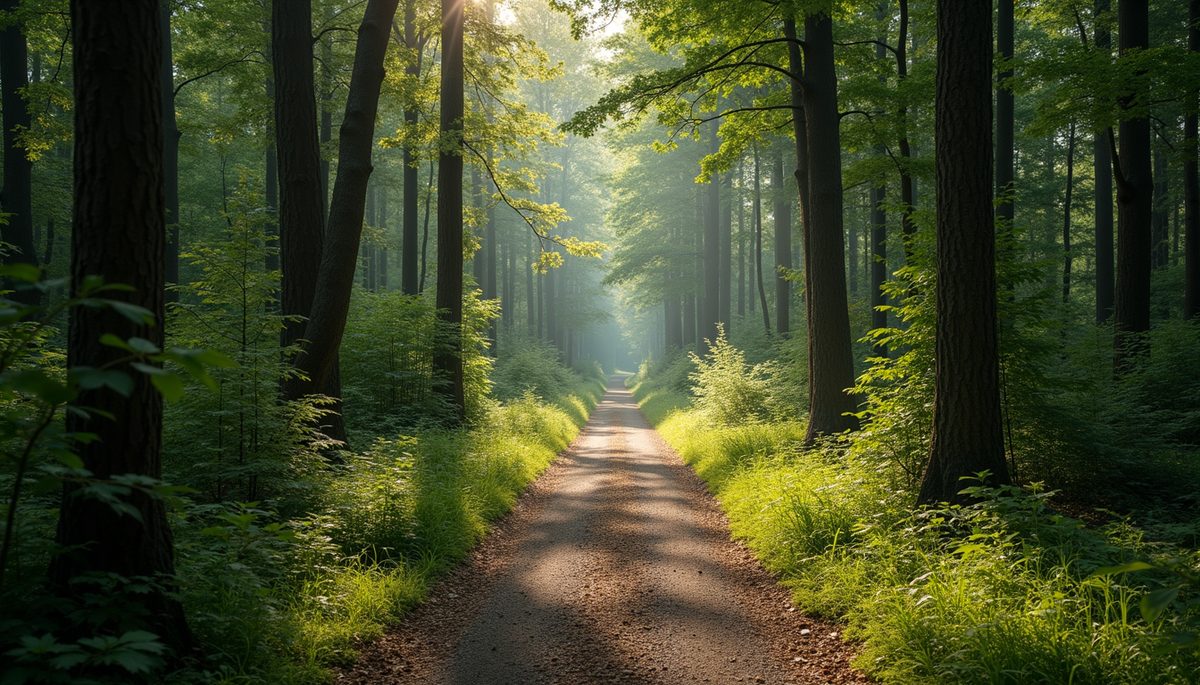 Wide angle view of a pathway amidst a serene forest