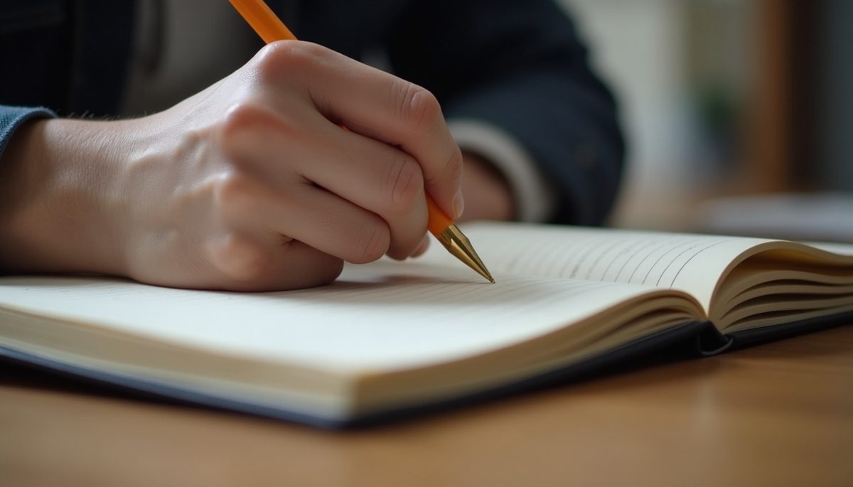 Eye-level view of a person writing in a journal