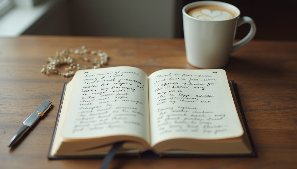 High angle view of a gratitude journal filled with entries