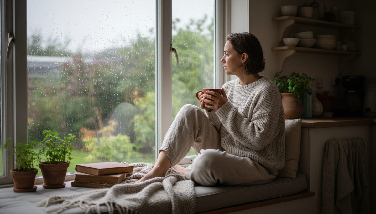 Eye-level view of a person watching rain through a kitchen window