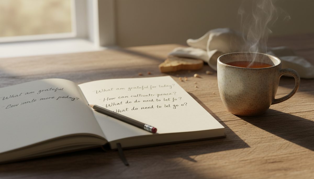 Close-up of a handwritten journal with reflective questions beside a cup of tea