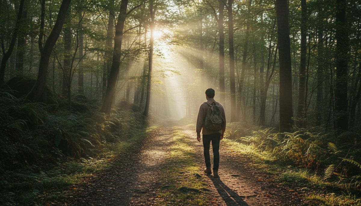 Wide-angle view of a person walking alone on a quiet forest path