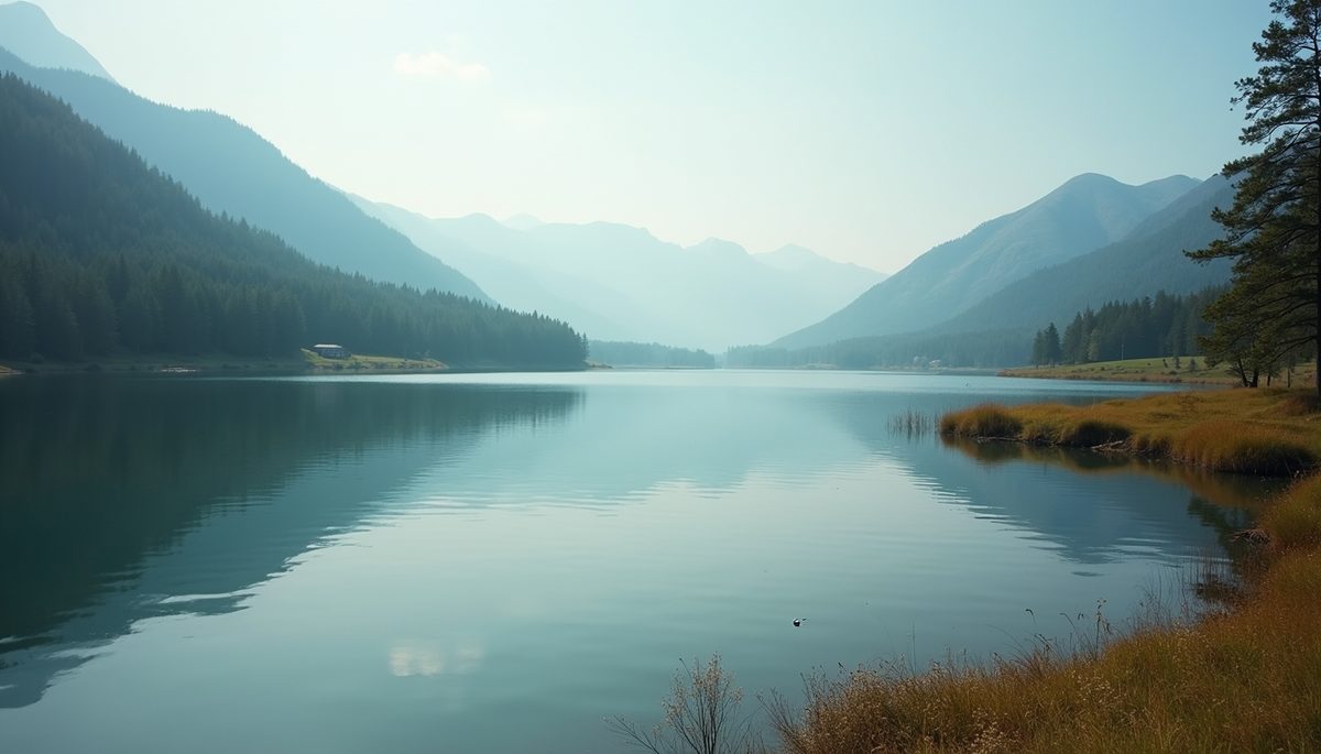 Eye-level view of a serene landscape with a calm lake