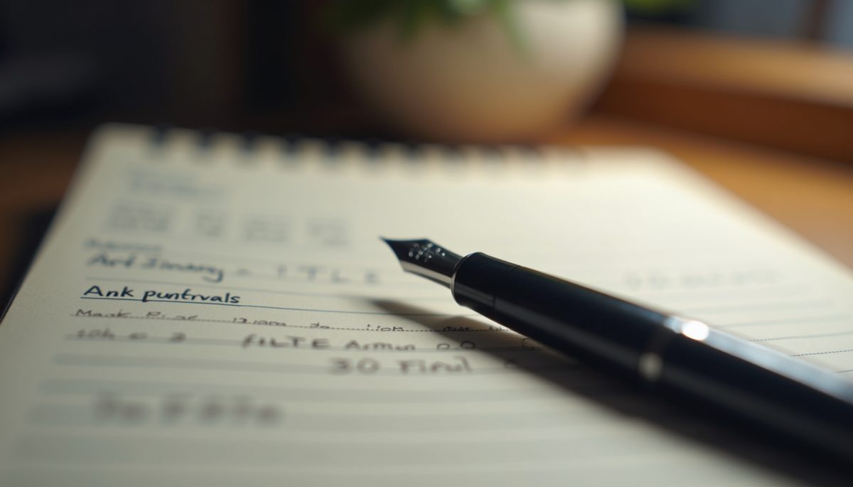 Close-up view of an open journal with a pen