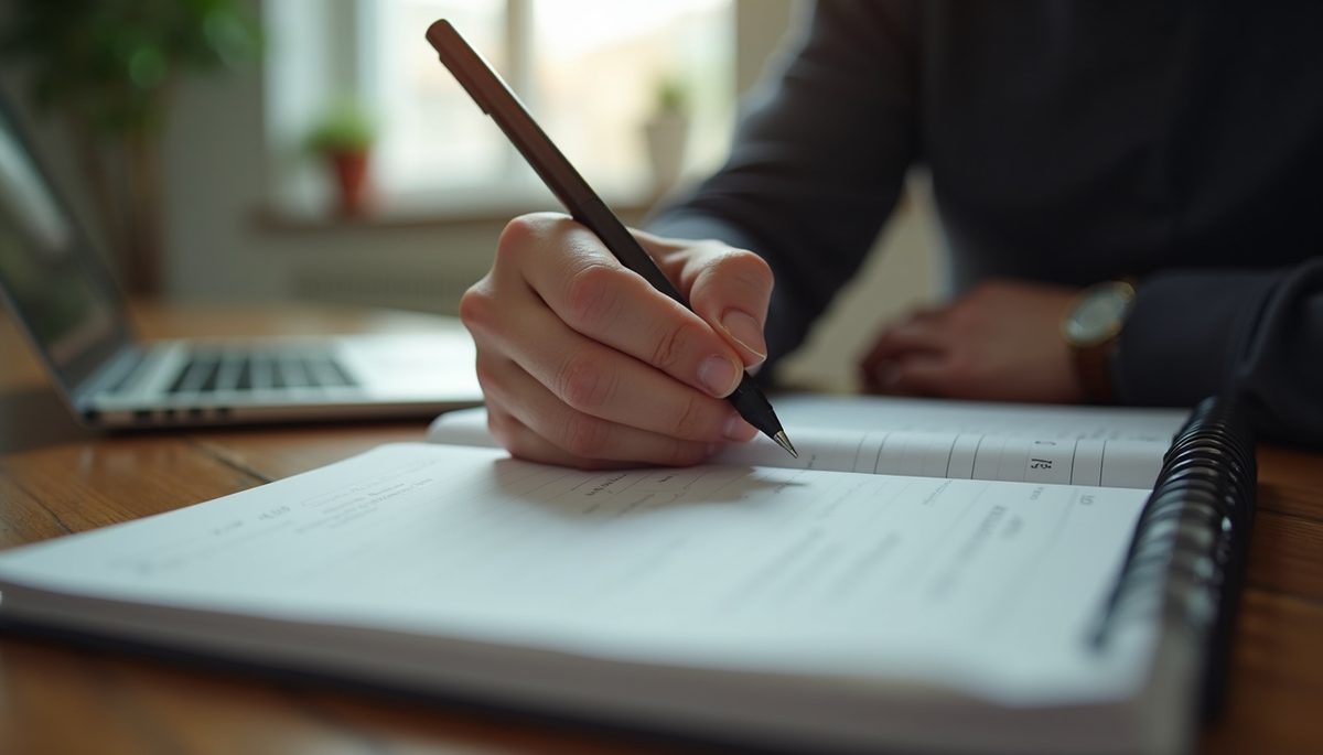 Eye-level view of a person writing in a notebook