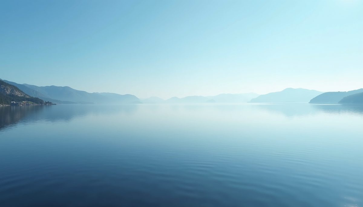 Wide angle view of a calm lake reflecting a clear blue sky