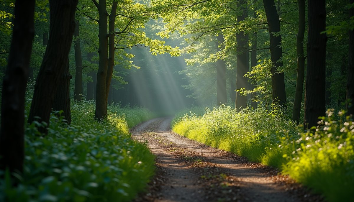 Eye-level view of a winding path through a lush forest