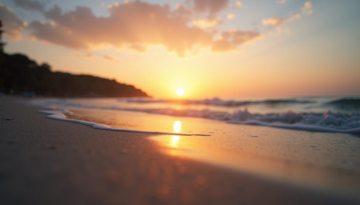 Close-up view of a tranquil beach at sunset