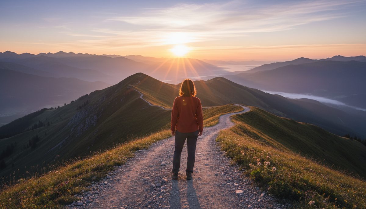 Wide-angle view of a person standing on a quiet mountain path at sunrise