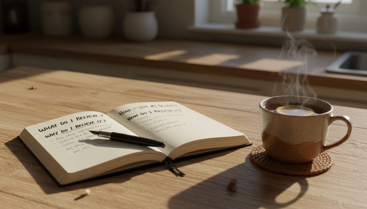 Close-up view of a handwritten journal with reflective questions beside a cup of tea