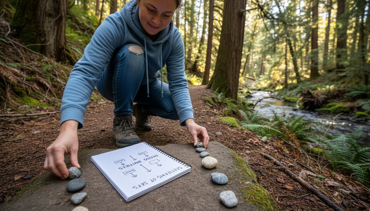 Eye-level view of a person placing small stones on a trail beside a notebook