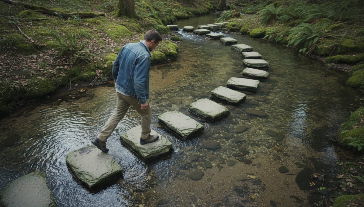 Overhead view of a person walking across stepping stones over a shallow stream