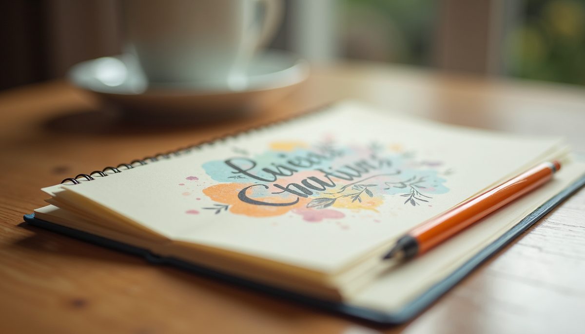 Close-up view of a vibrant gratitude journal on a desk