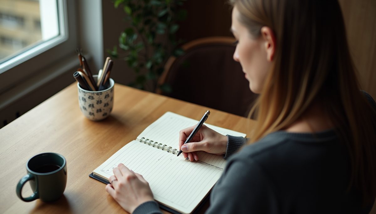 High angle view of a woman writing in a journal