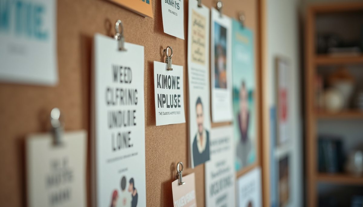 Close-up view of a vision board filled with motivational images and quotes