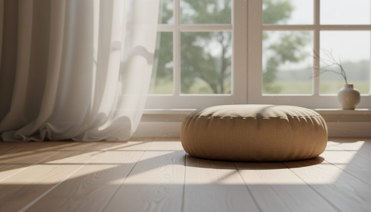 Wide-angle view of a meditation cushion beside a sunlit window