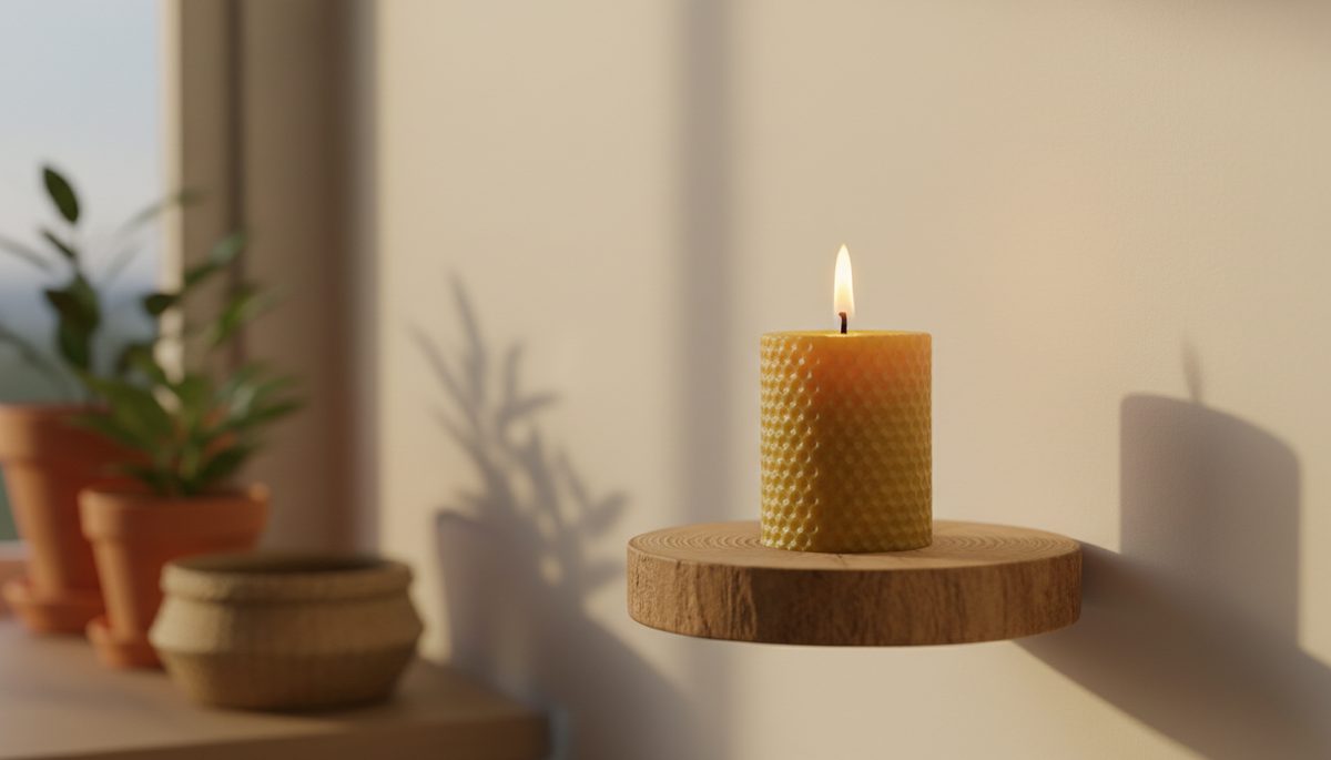 Eye-level view of a single lit candle on a wooden shelf