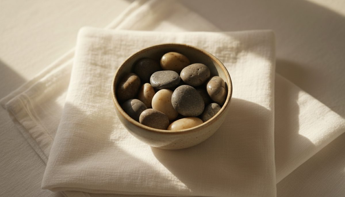 Overhead view of a small bowl of smooth stones on a cotton cloth