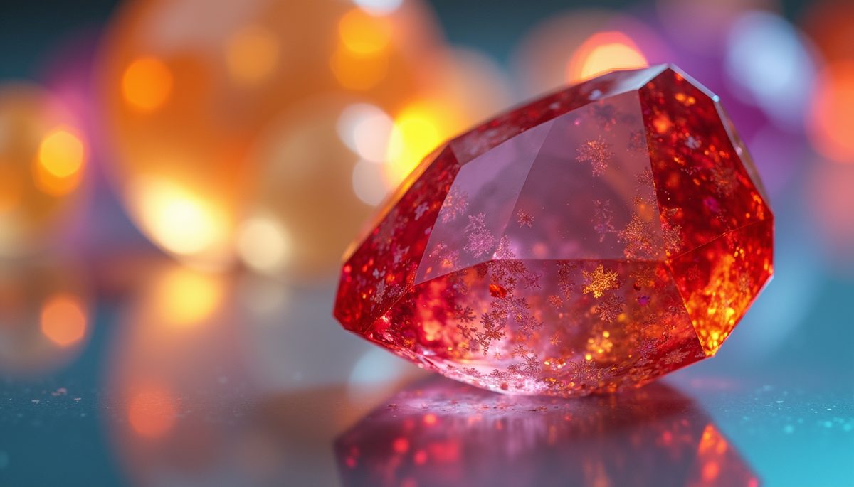 Close-up view of a colorful crystal reflecting light