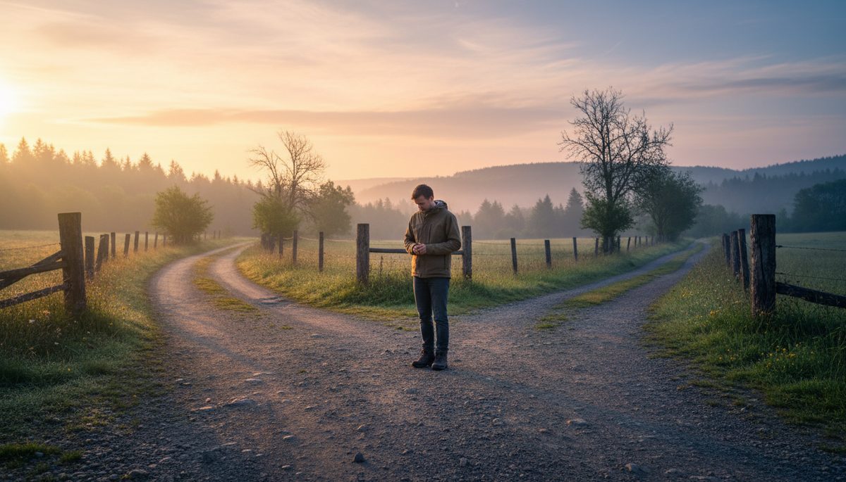Eye-level view of a person standing at a crossroads in soft morning light.