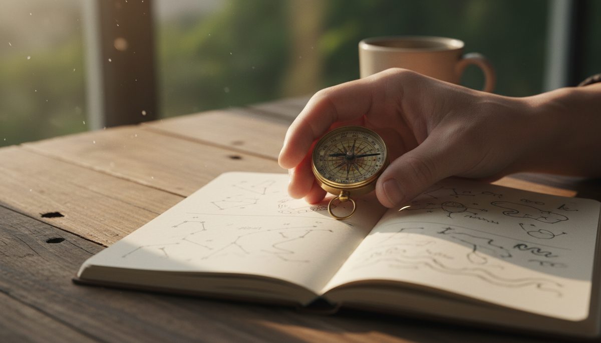Close-up view of a hand holding a small compass over a notebook in natural light.