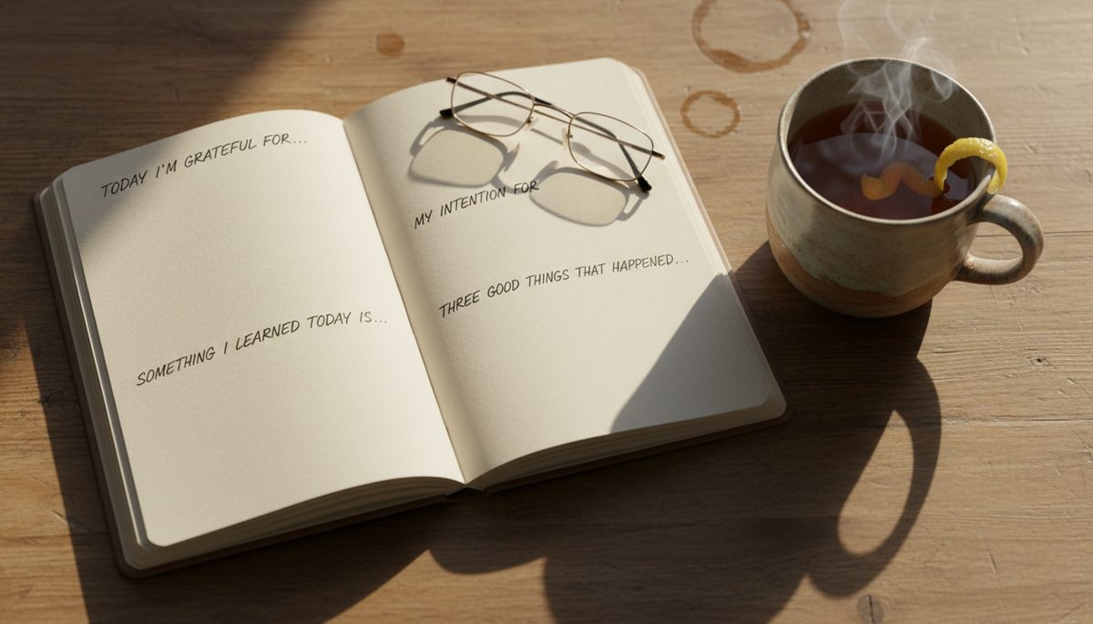 Overhead view of a journal with handwritten reflection prompts beside a cup of tea.