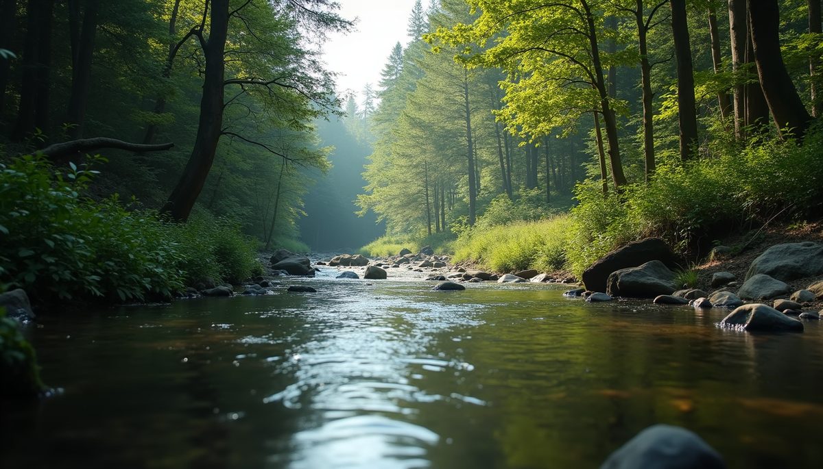 Eye-level view of a tranquil river in a forest