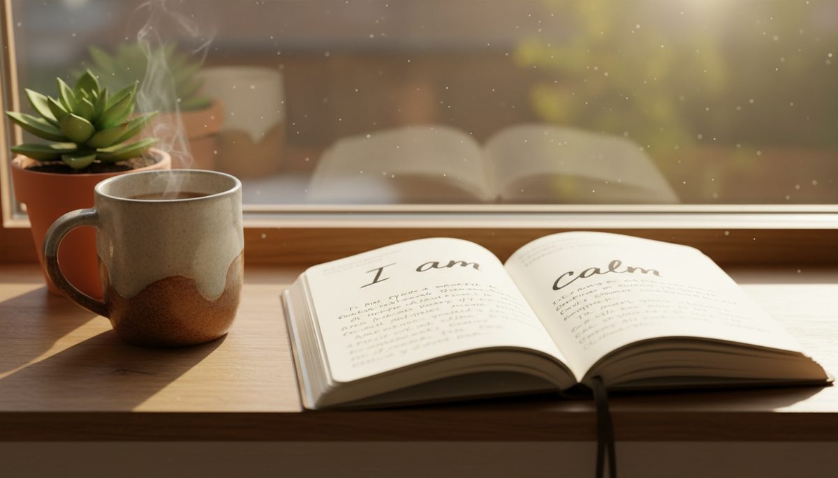 Close-up view of a journal with an I am affirmation written by hand.