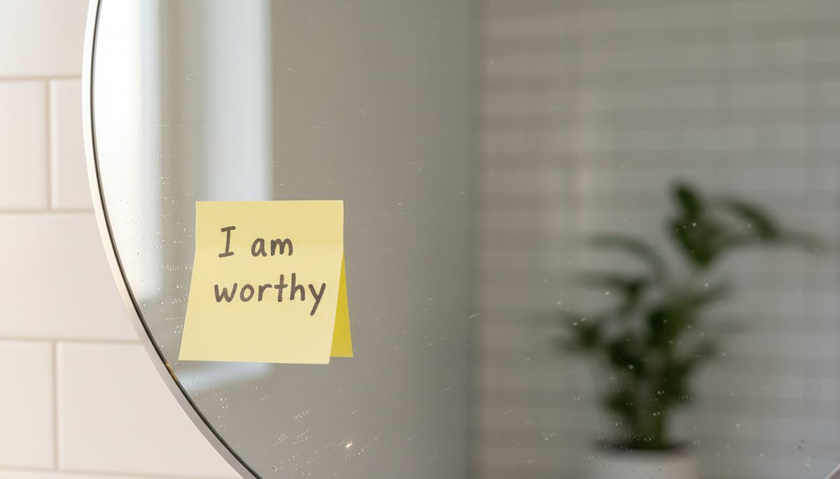 Close-up view of a mirror with a handwritten note that says I am worthy.