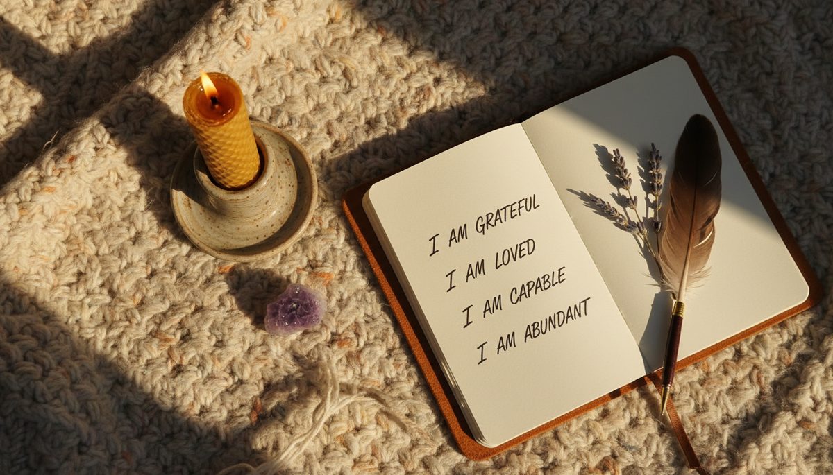Overhead view of a candle beside a notebook filled with I am statements.