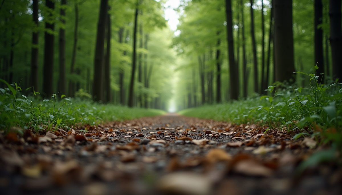 Eye-level view of a quiet and serene forest path