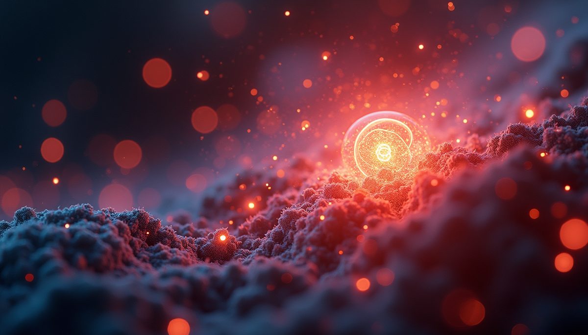 Close-up view of a glowing quantum particle simulation