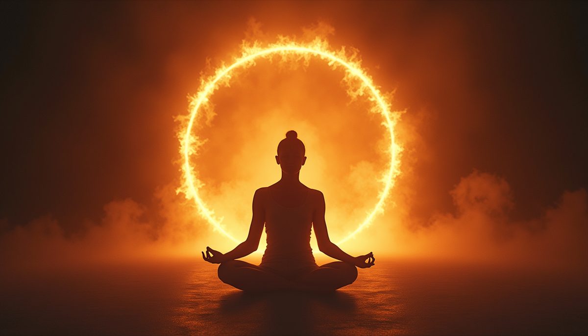 Eye-level view of a person meditating with a glowing energy field around them