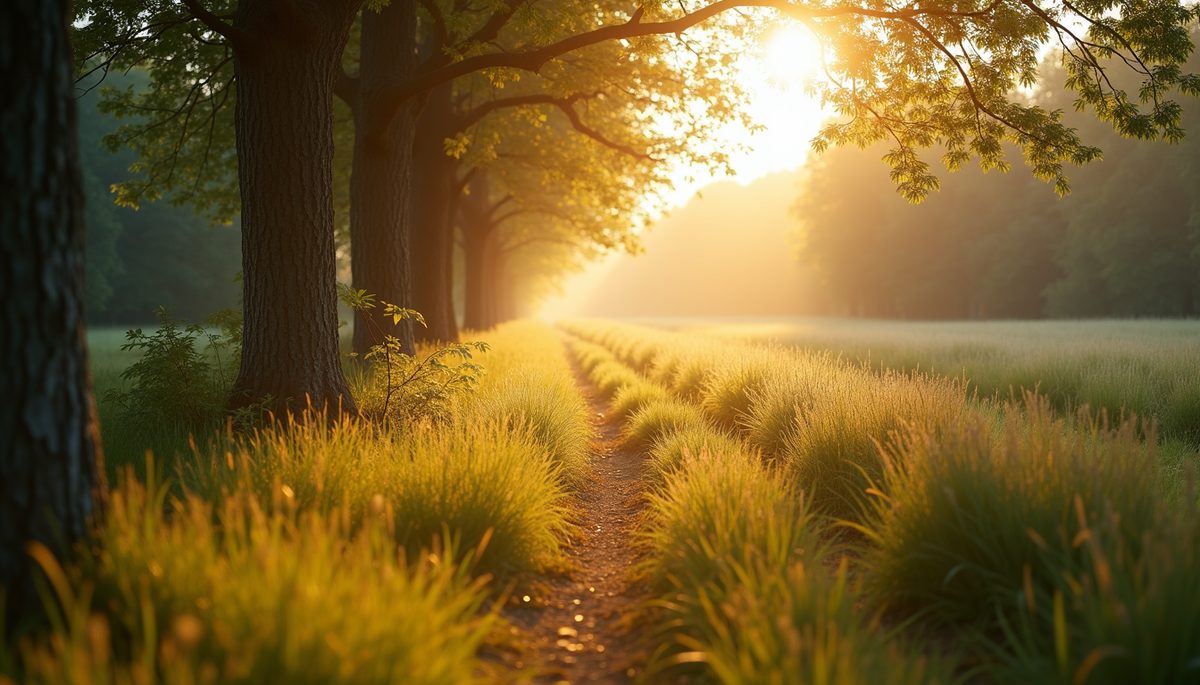 Close-up view of a serene landscape with sunlight filtering through trees