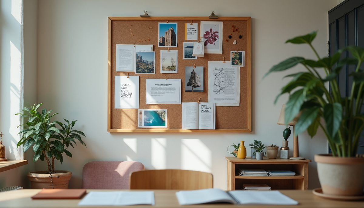 Eye-level view of a vision board filled with colorful images and motivational quotes