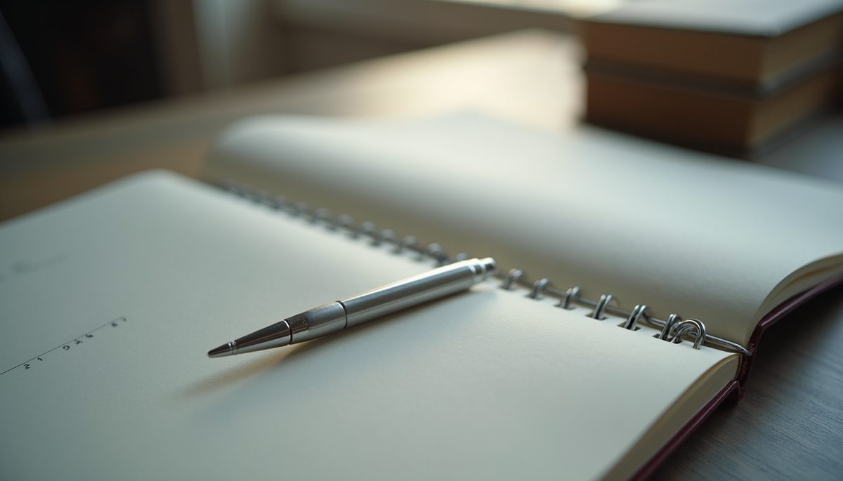 Close-up view of a notebook with a pen and open pages