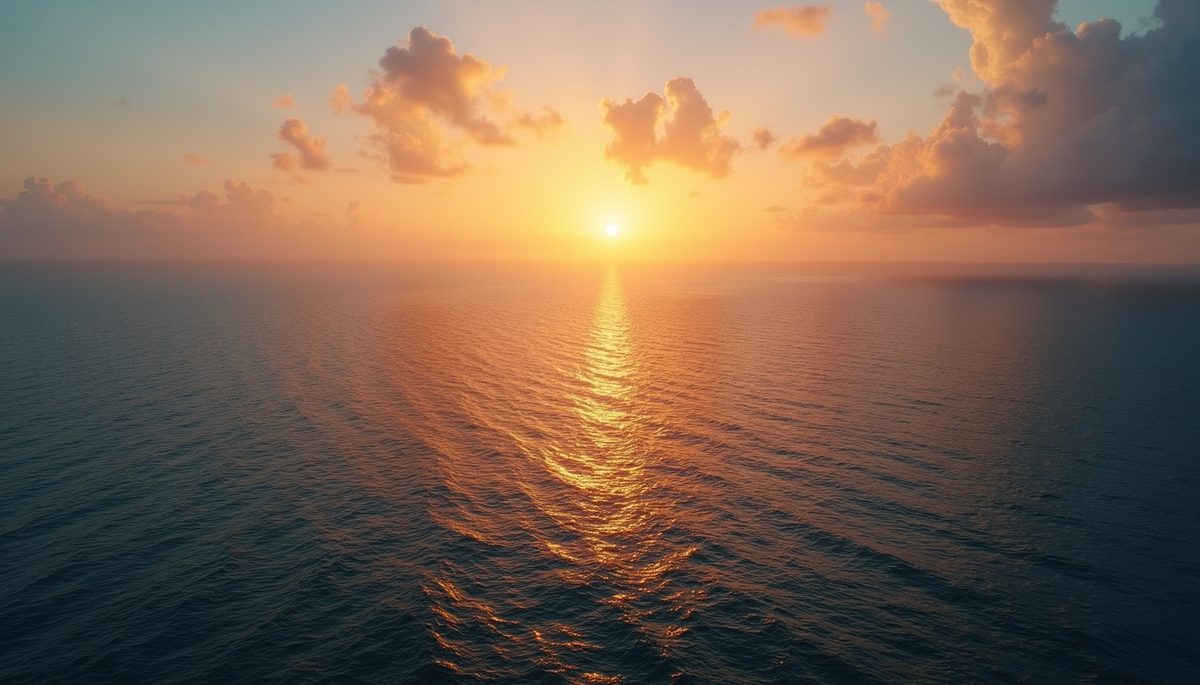 High angle view of a vast ocean with a sunset